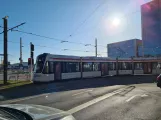 Aarhus light rail line L2 with low-floor articulated tram 1107-1207 near Nørreport (2021)