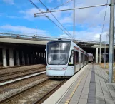 Aarhus light rail line L2 with low-floor articulated tram 1108-1208 at Kongsvang (2021)