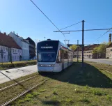 Aarhus light rail line L2 with low-floor articulated tram 1110-1210 at Nørreport (2021)