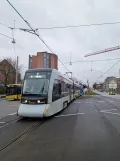 Aarhus light rail line L2 with low-floor articulated tram 2104-2204 near Nørreport (2024)