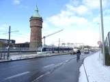 Aarhus light rail line L2 with low-floor articulated tram 2110-2210 at Vandtårnet (2021)