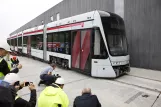 Aarhus low-floor articulated tram 1101-1201 outside Trafik- og Servicecenter (2016)