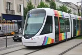 Angers tram line A with low-floor articulated tram 1011 near Foch Haras (2016)