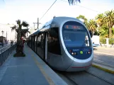 Athens tram line 5 Green with low-floor articulated tram TA10009 at Aristoteles Syntagma (2007)