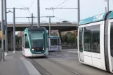 Barcelona tram line T4 with low-floor articulated tram 18 on Plaça de les Glòries Catalanes (2012)