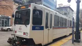 Denver tram line D with articulated tram 341 on Stout Street (2020)