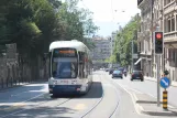 Geneva tram line 17 with low-floor articulated tram 875 on Rue de la Terrassière (2010)