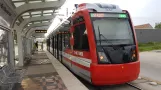 Houston tram line Green with low-floor articulated tram 337 at Coffee Plant/Second Ward (2018)