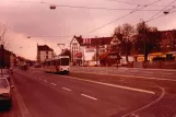 Kassel tram line 5 with articulated tram 415 at Auestadion (1990)