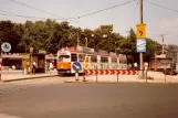 Linz tram line 1 with articulated tram 77 at Blumauerplatz (1982)