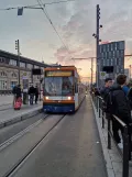 Mannheim tram line 1 with low-floor articulated tram 5648 at Central Station (2023)