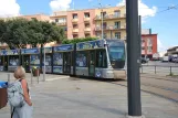 Messina tram line 28 with low-floor articulated tram 04T near Repubblica (2022)