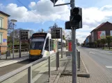 Nordhausen tram line 2 with low-floor articulated tram 108 at Wiedigsburghalle (2017)