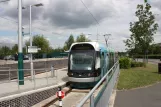 Nottingham tram line Blue with low-floor articulated tram 211 "Robin Hood" at Phoenix Park (2011)