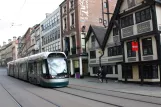 Nottingham tram line Green with low-floor articulated tram 206 "Angela Alcock" on Fletcher Gate (2011)