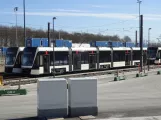 Odense low-floor articulated tram 05 "Opdagelsen" in front of Kontrol centret (2020)