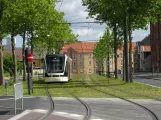Odense Tramway with low-floor articulated tram 02 "Kompasset" near Benedikts Plads (2022)