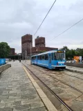 Oslo tram line 12 with articulated tram 116 at Aker brygge (2022)