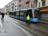 Oslo tram line 19 with low-floor articulated tram 402 at Majorstuen (2024)