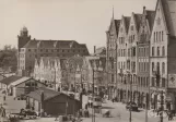 Postcard: Bergen tram line 3 with railcar 33 on Bryggen (1960)