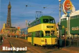 Postcard: Blackpool tram line T1 with bilevel rail car 723 near North Pier (1984)