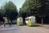 Postcard: Malmö tram line 4 with railcar 76 near Stadsbiblioteket (1965)