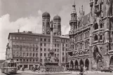 Postcard: Munich tram line 1 with railcar 881 on Marienplatz (1965)