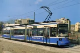 Postcard: Munich tram line 20 with low-floor articulated tram 2101 at Hanauer Str. (1995)