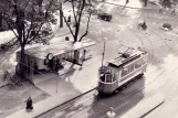 Postcard: Norrköping tram line 1 with railcar 38 in the intersection Norra Promenaden/Kungsgatan (1953-1957)