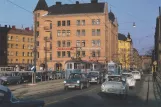 Postcard: Stockholm tram line 1 in the intersection Åsötorget/Skånegatan (1964)