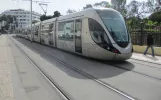 Rabat tram line L2 with low-floor articulated tram 019 on Avenue Chellah (2018)