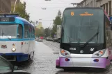 Riga tram line 6 with low-floor articulated tram 57136 in the intersection Aspazijas bulvāris/13.janvāra iela (2012)