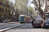 Rome tram line 8 with low-floor articulated tram 9240, the back Trastevere (2010)