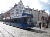 Rostock tram line 5 with low-floor articulated tram 686, side view Neuer Markt (2015)