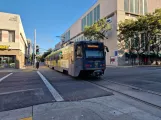 Sacramento tram line Blue with articulated tram 230 near 8th Street & K Station (NB) (2023)