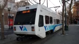 San Jose Green Line with low-floor articulated tram 991 near Santa Clara (2021)