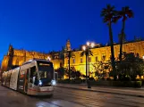 Seville tram line T1 with low-floor articulated tram 301 on Calle San Fernando (2023)