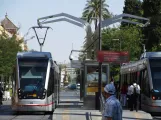 Seville tram line T1 with low-floor articulated tram 304 at Prado De San Sebastian (2017)