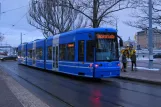 Stockholm tram line 7S Spårväg City with low-floor articulated tram 5 on Nybroplan (2012)