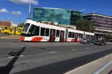 Tallinn tram line 4 with low-floor articulated tram 502 on Viru väljak (2018)