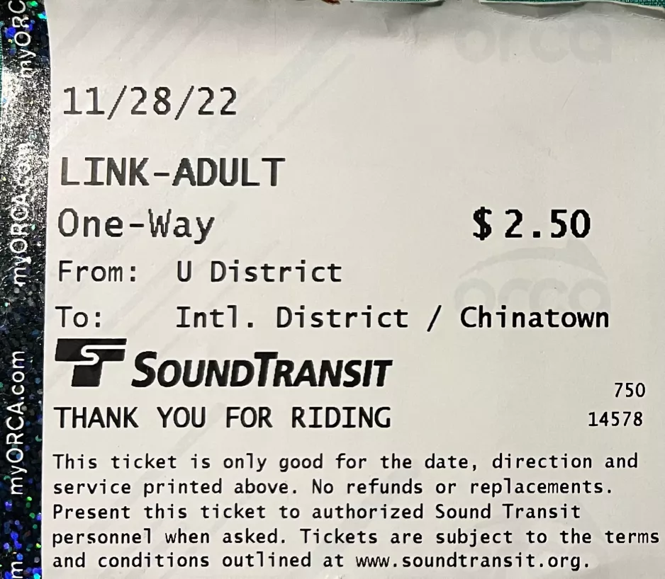 Adult ticket for SoundTransit, the front (2022)