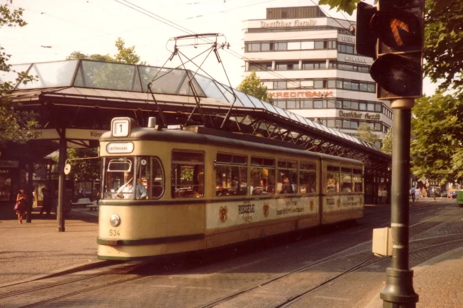 Augsburg tram line 1 with articulated tram 534 at Königsplatz (1982)