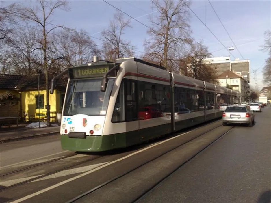 Augsburg tram line 1 with low-floor articulated tram 852 close by Königsplatz (2010)