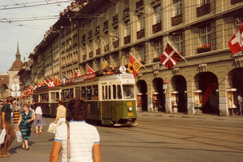 Berne tram line 3 with railcar 126 on Spitalgasse (1982)