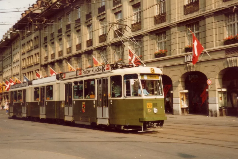 Berne tram line 9 with articulated tram 15 on Spitalgasse (1982)