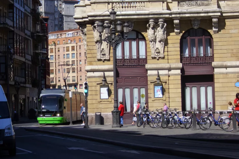 Bilbao tram line A with low-floor articulated tram 404 on Erribera Kalea (2012)