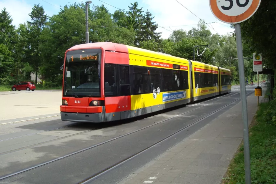 Bremen tram line 1 with low-floor articulated tram 3111 at Kurt-Huber Str. (2013)