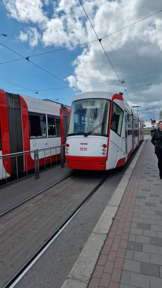 Brno tram line 2 with low-floor articulated tram 1919 at Hlavní Nádraží (2024)