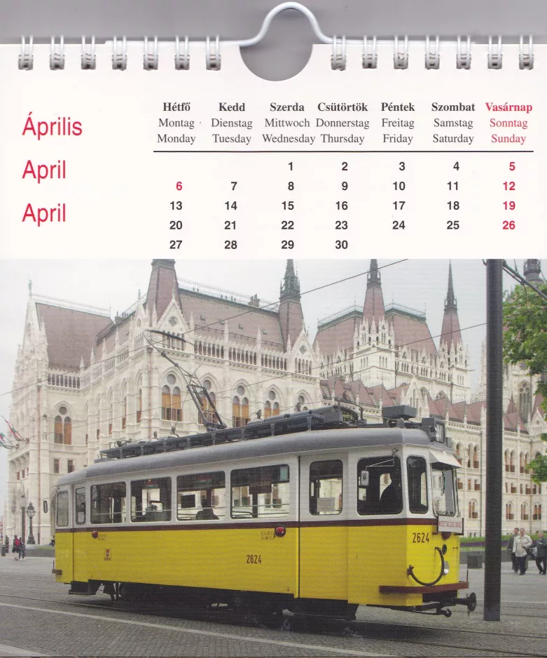 Calendar: Budapest museum line N19 Nosztalgia with museum tram 2624 at Kossuth Lajos tér M (2014)