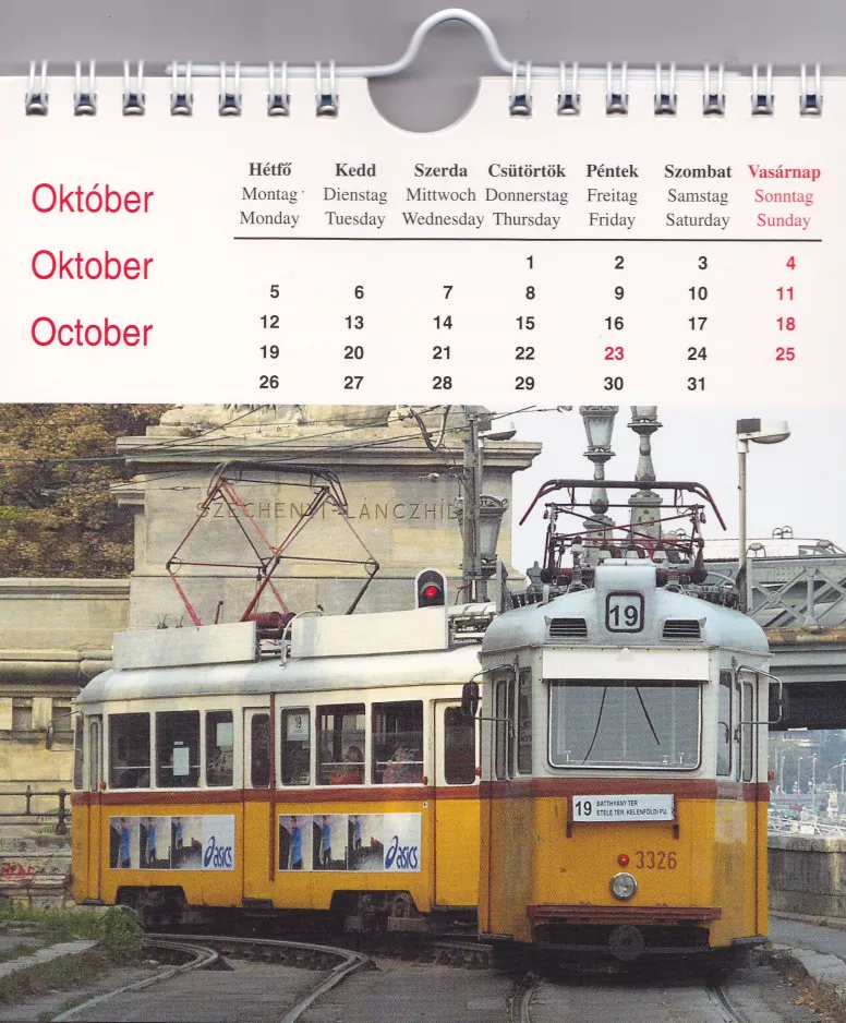 Calendar: Budapest tram line 19 with railcar 3326 at Széchenyi Lánchíd (2006)